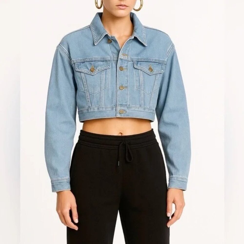 RE/DONE Cropped Denim Tucker Trucker Jacket Airy Indigo Sz L NEW